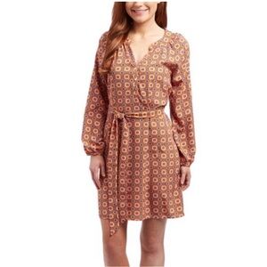 Mud Pie Shift Dress Orange V-Neck Tie Long Sleeve Printed Size Small